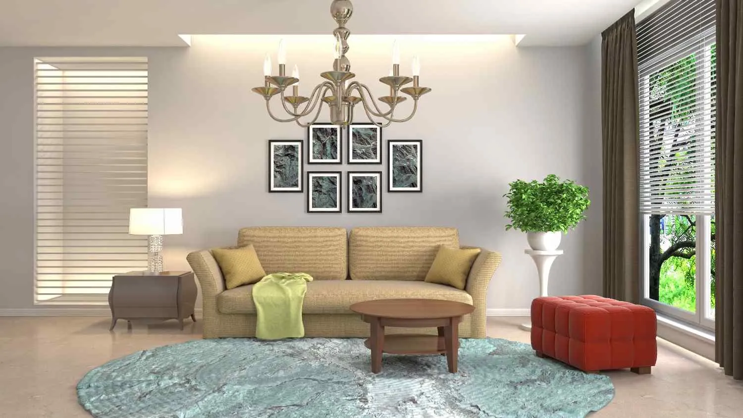 Living room with a sofa, rug and framed pictures